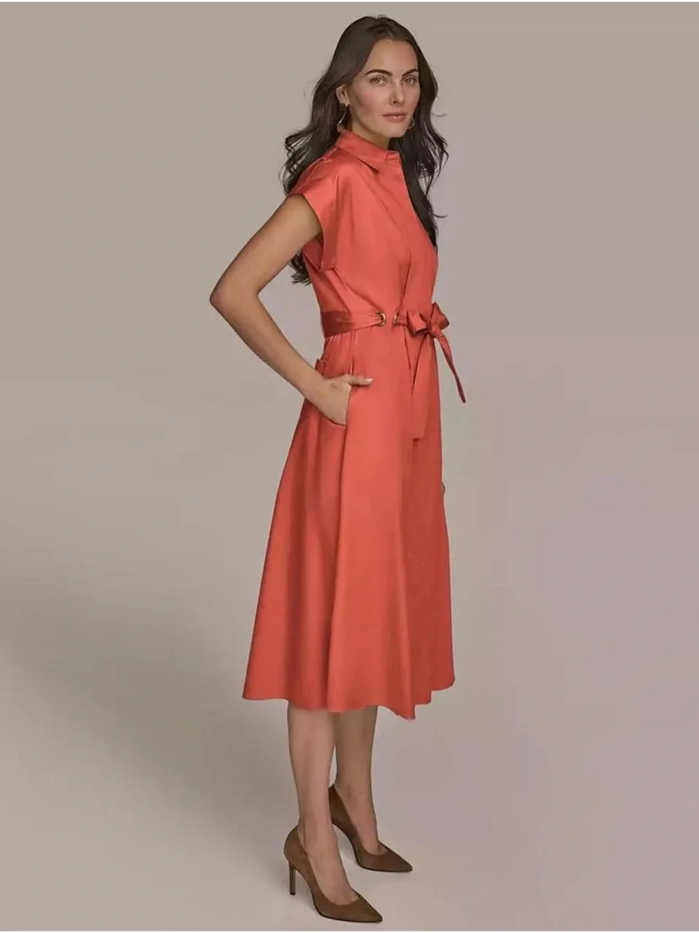 Donna Karan Tie-Waist Shirt Dress in Coral - Picture 2 of 6